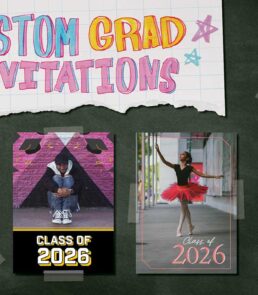 Custom graduation invitations featuring personalized text, school colors, and graduate photos, printed on high-quality cardstock