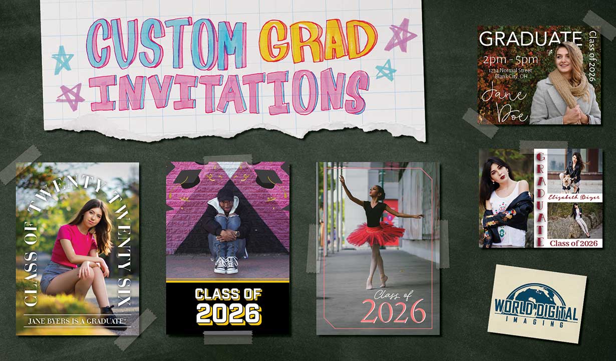 Custom graduation invitations featuring personalized text, school colors, and graduate photos, printed on high-quality cardstock